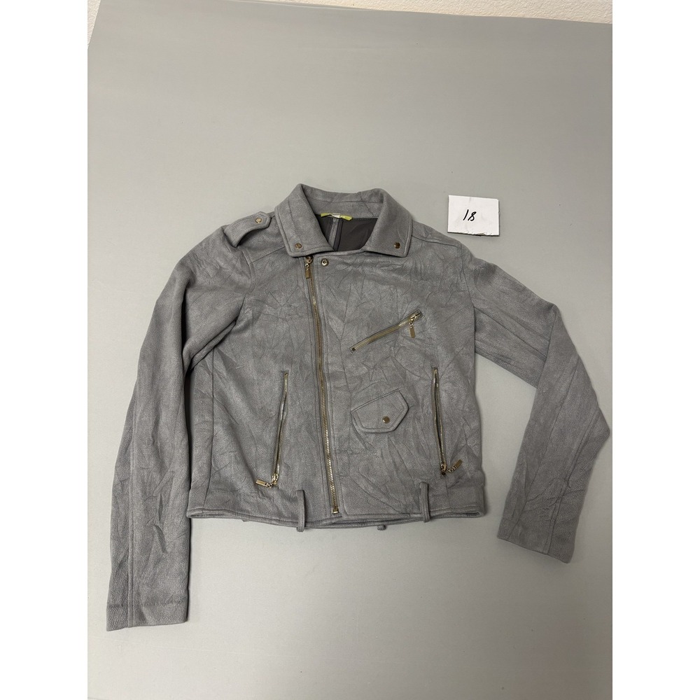 Gianni Bini Womens Gray Faux Leather Moto Biker Jacket Cropped Small Gray